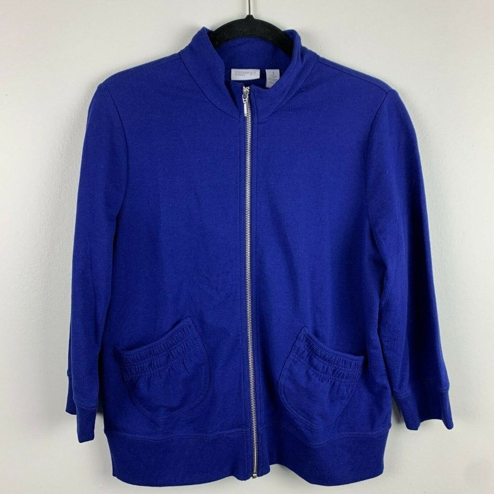 Zenergy by Chicos Activewear Royal Blue Zip Up Jacket Size 1 Smocked Back